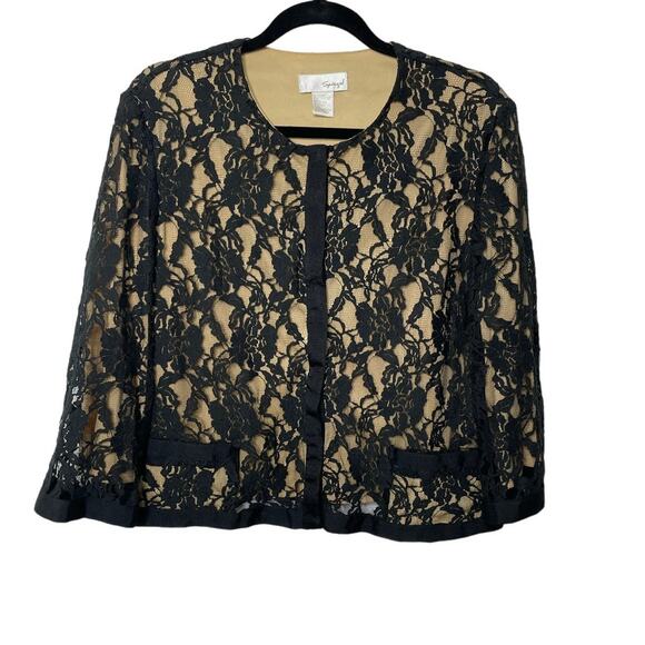 Spiegel Jacket Floral Lace Overlay Pockets Crew Neck Lined Black Beige Size 14